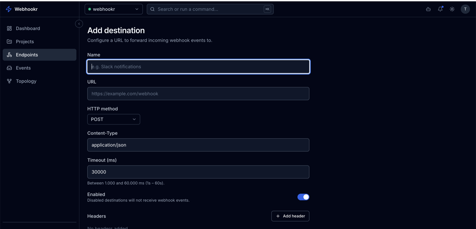 Add destination form with name, URL, method, content type, timeout, and enabled toggle
