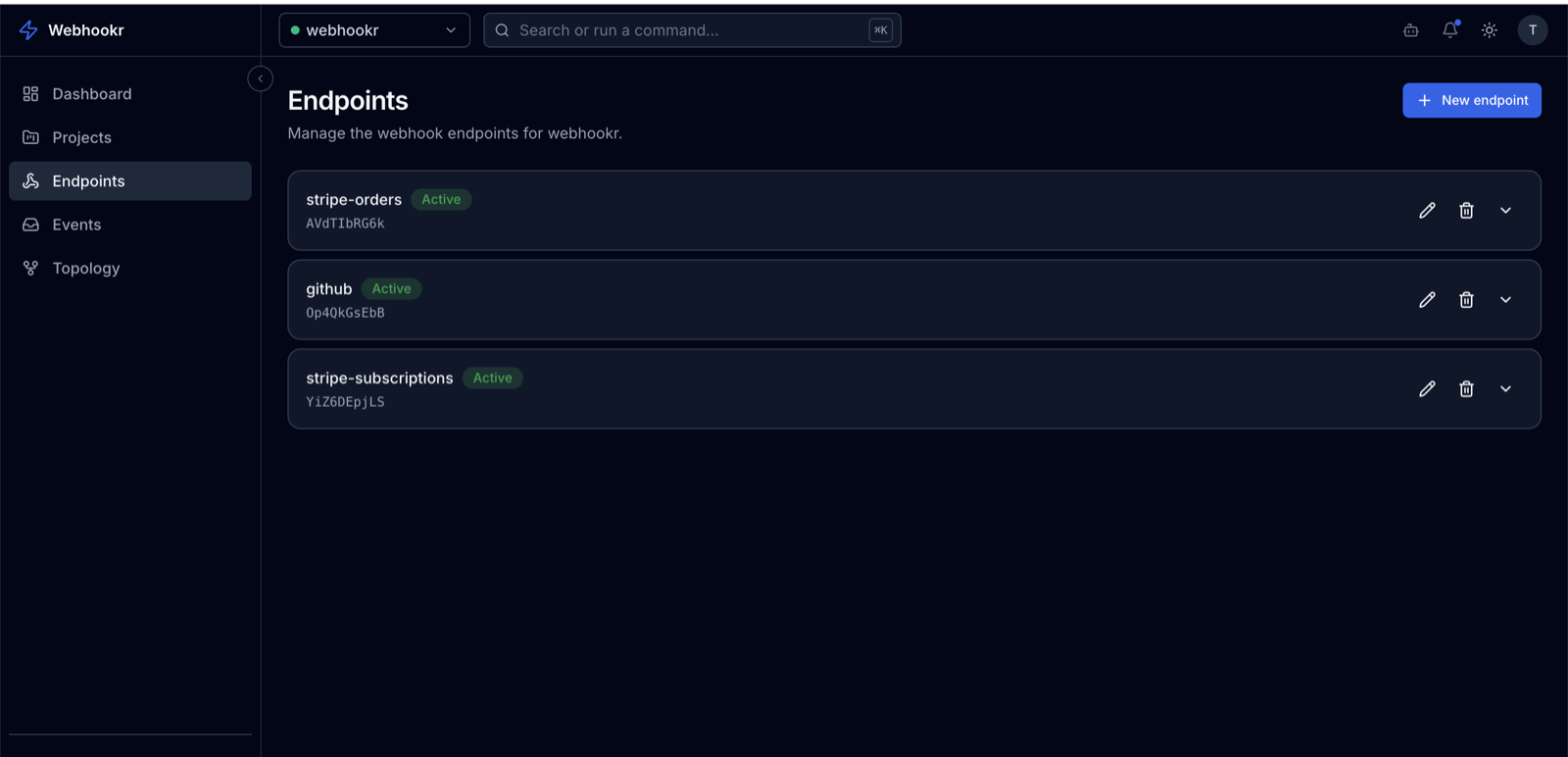 Endpoints list showing each endpoint's name, slug, and status