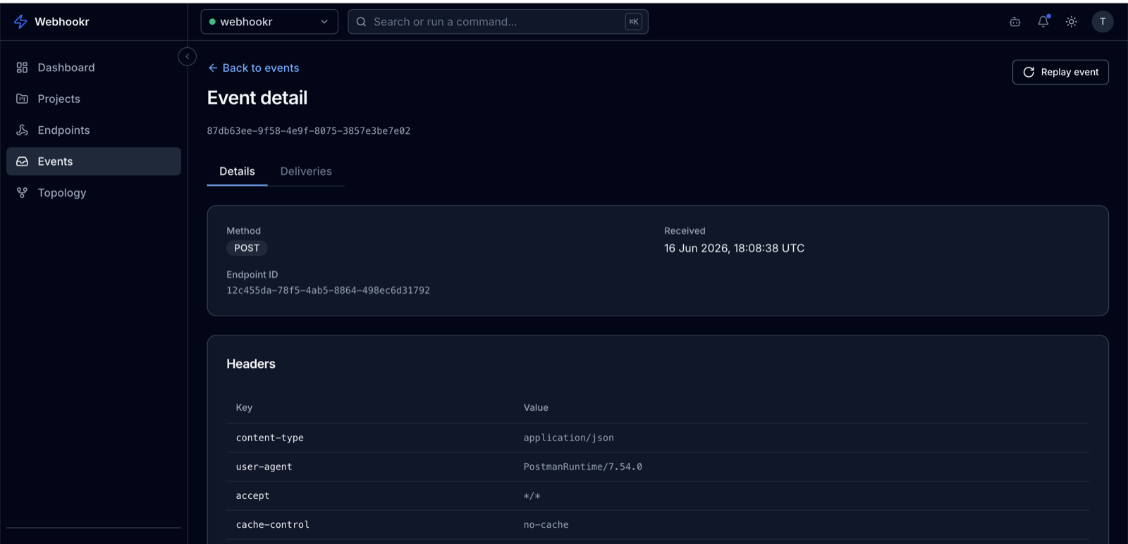 Event detail showing method, headers, and payload