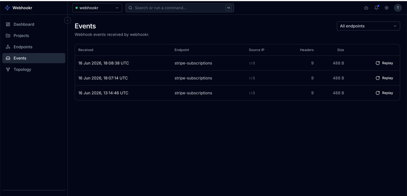 Events list with received time, endpoint, source IP, headers, size, and replay