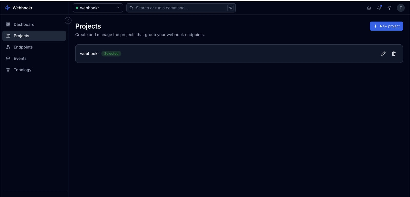Projects list with the selected project and a New project button