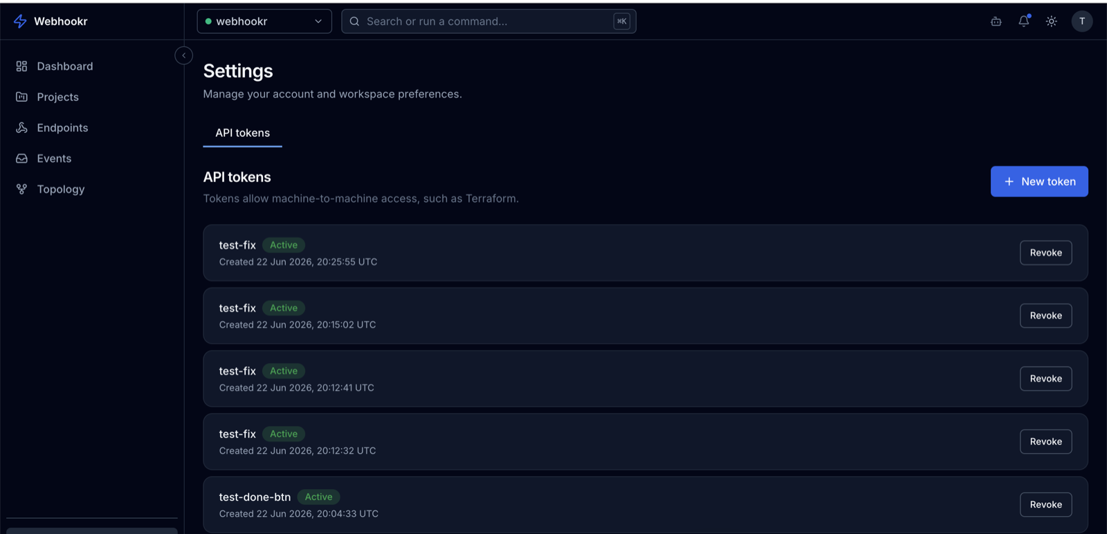 Settings page with the API tokens tab